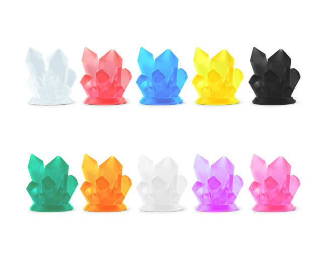 Ten crystal cluster models printed with UV resin colorant in translucent red, blue, yellow, green, purple and more.